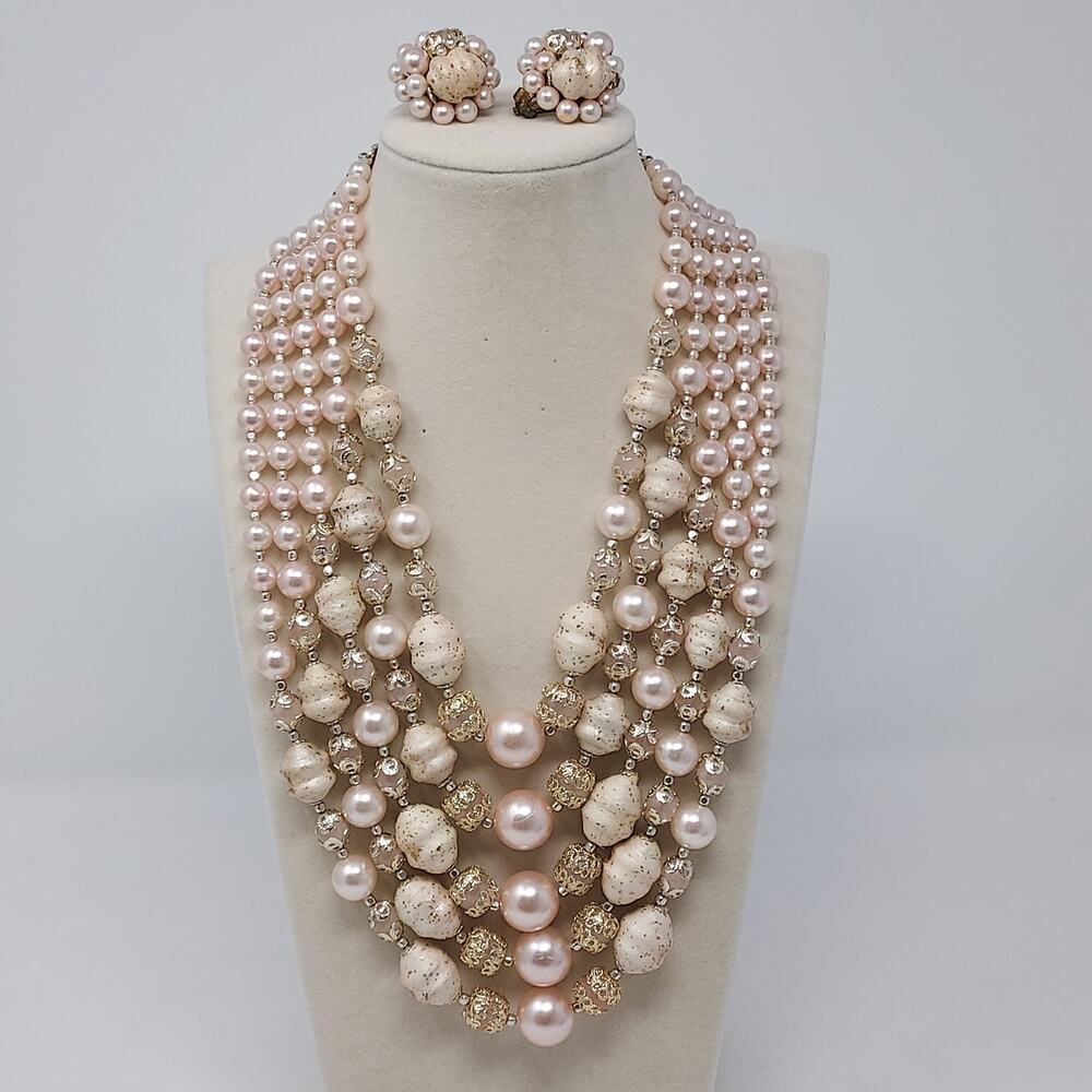 Japan 5 Strand Pink Faux Pearl Glitter Bead Gold Filigree Necklace Earring Set